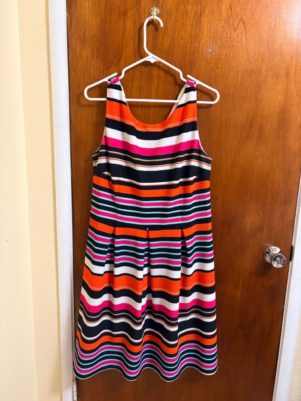 New York & Company Striped Midi Dress - Orange, Pink, Black & White